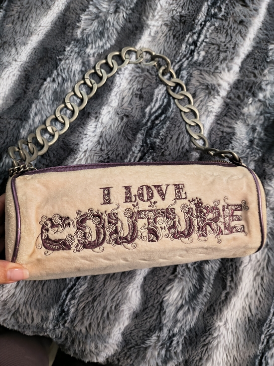 Juicy Couture Handbags - Juicy Couture I Love Couture Embroidered Beige and Purple Shoulder Bag